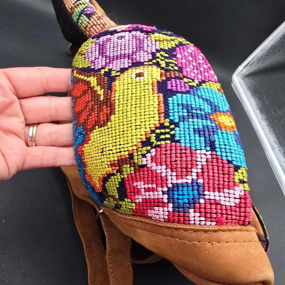 Guatemalan Huipil Hand Woven Bird Tapestry Floral Boho Bag Backpack Leather